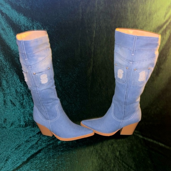 Vivianly Shoes - Vivianly Pointy Toe Denim Knee Boots w Chunky Heel Cowgirl Boot, Blue, 10, NWT